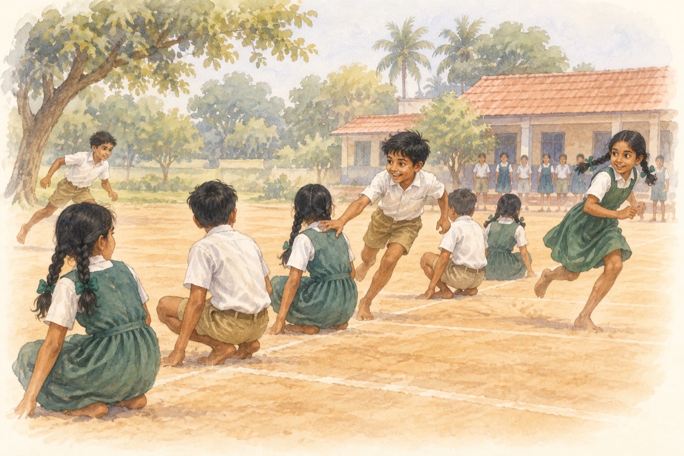 Children playing Kho-Kho in a school ground