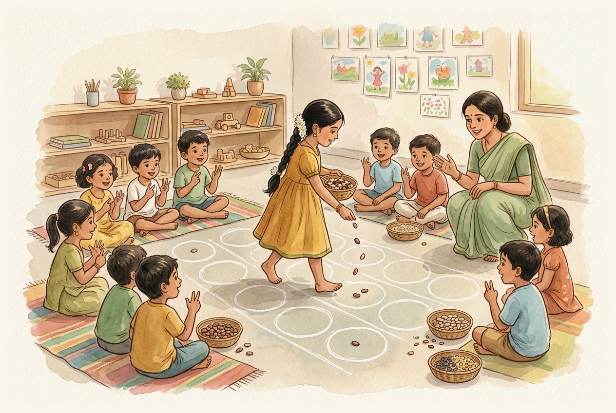 A kindergarten teacher in a green sari watches children sit in a circle as a girl sows seeds into chalk circles on the floor