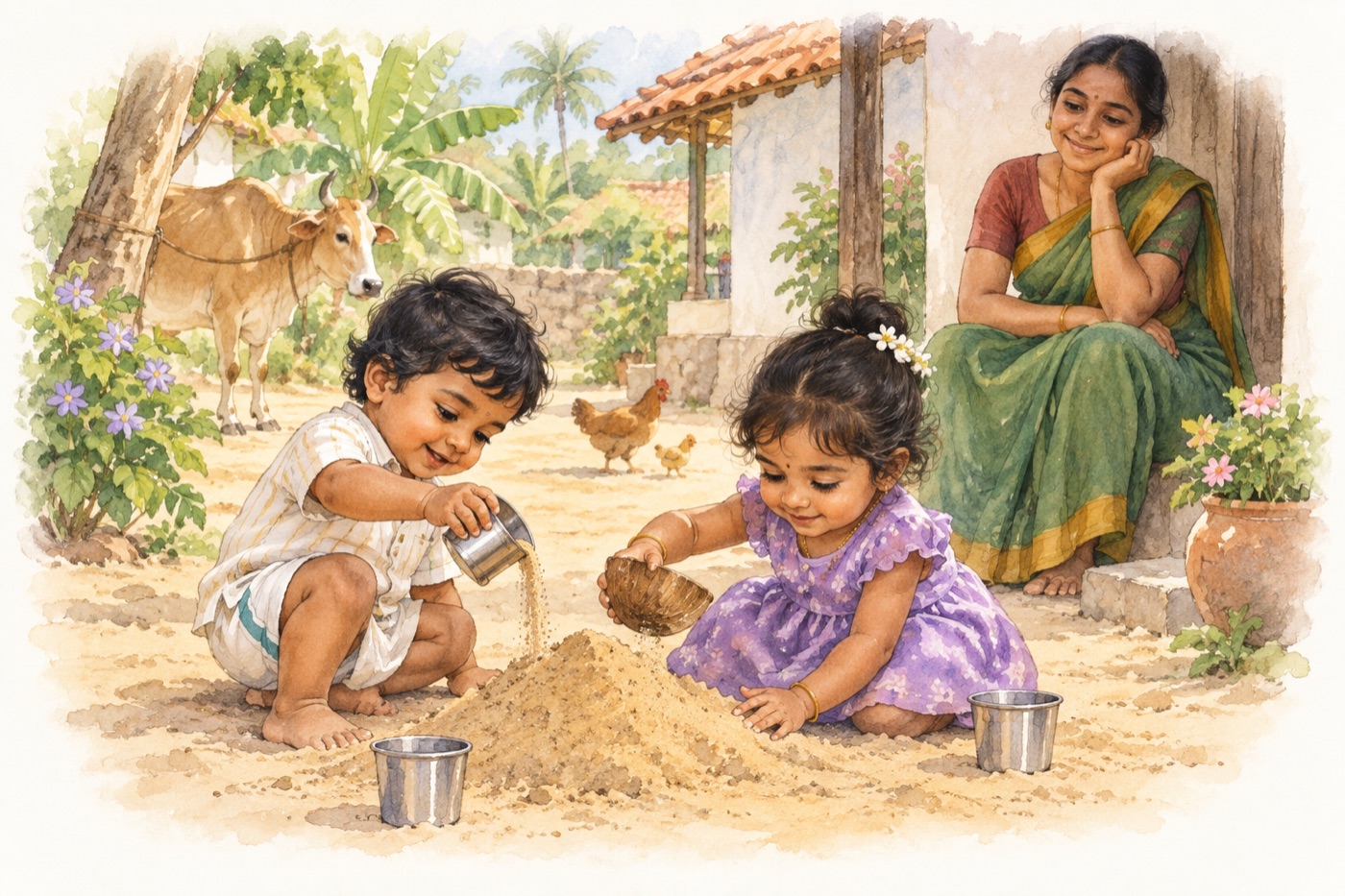 Watercolour of two small children in a village courtyard pouring sand from a steel tumbler and a coconut shell, while a smiling mother watches from the verandah