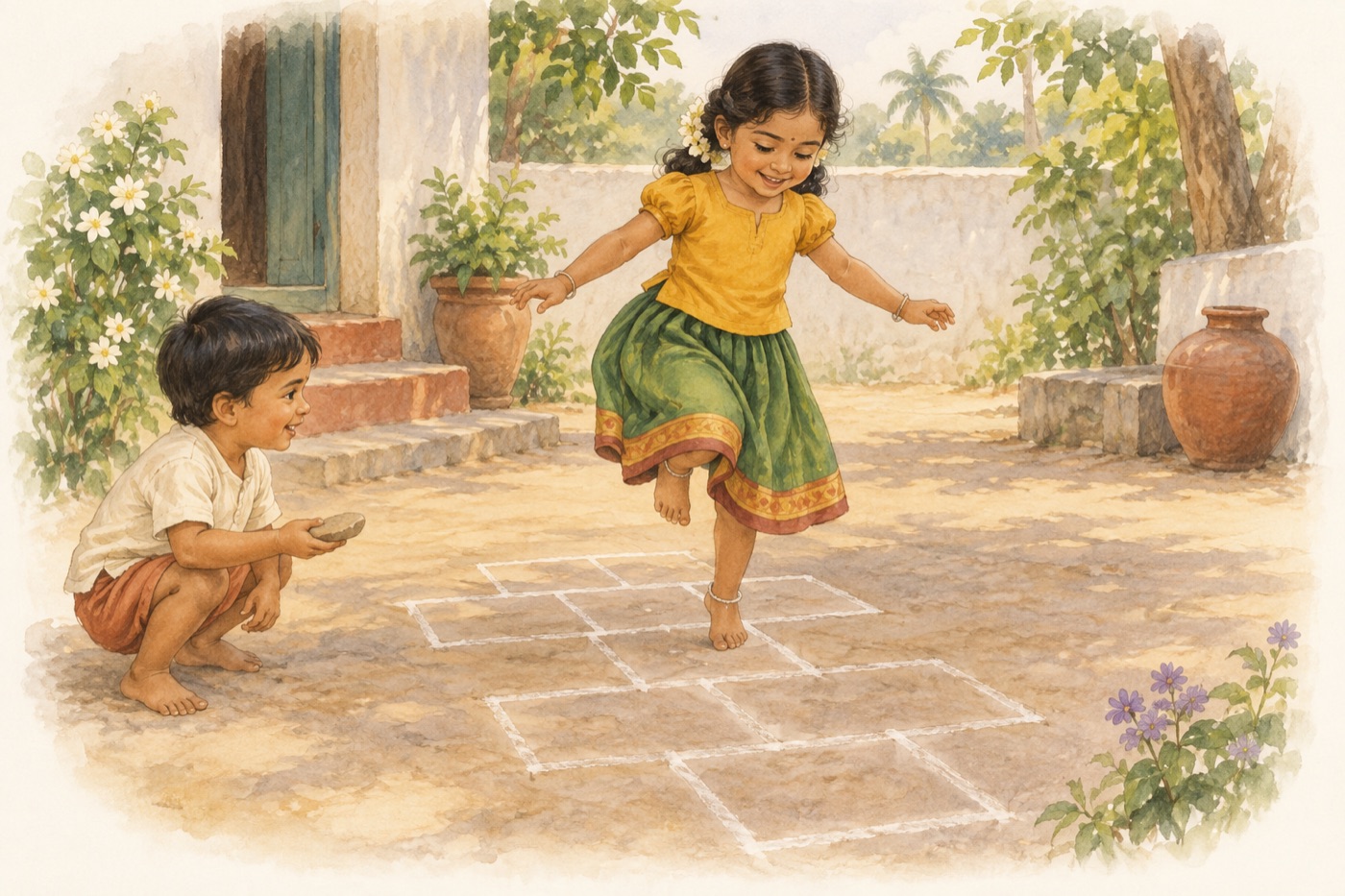 A watercolour of a girl in a green pavadai hopping on one leg across a chalk grid in a courtyard while a small boy waits with a flat stone