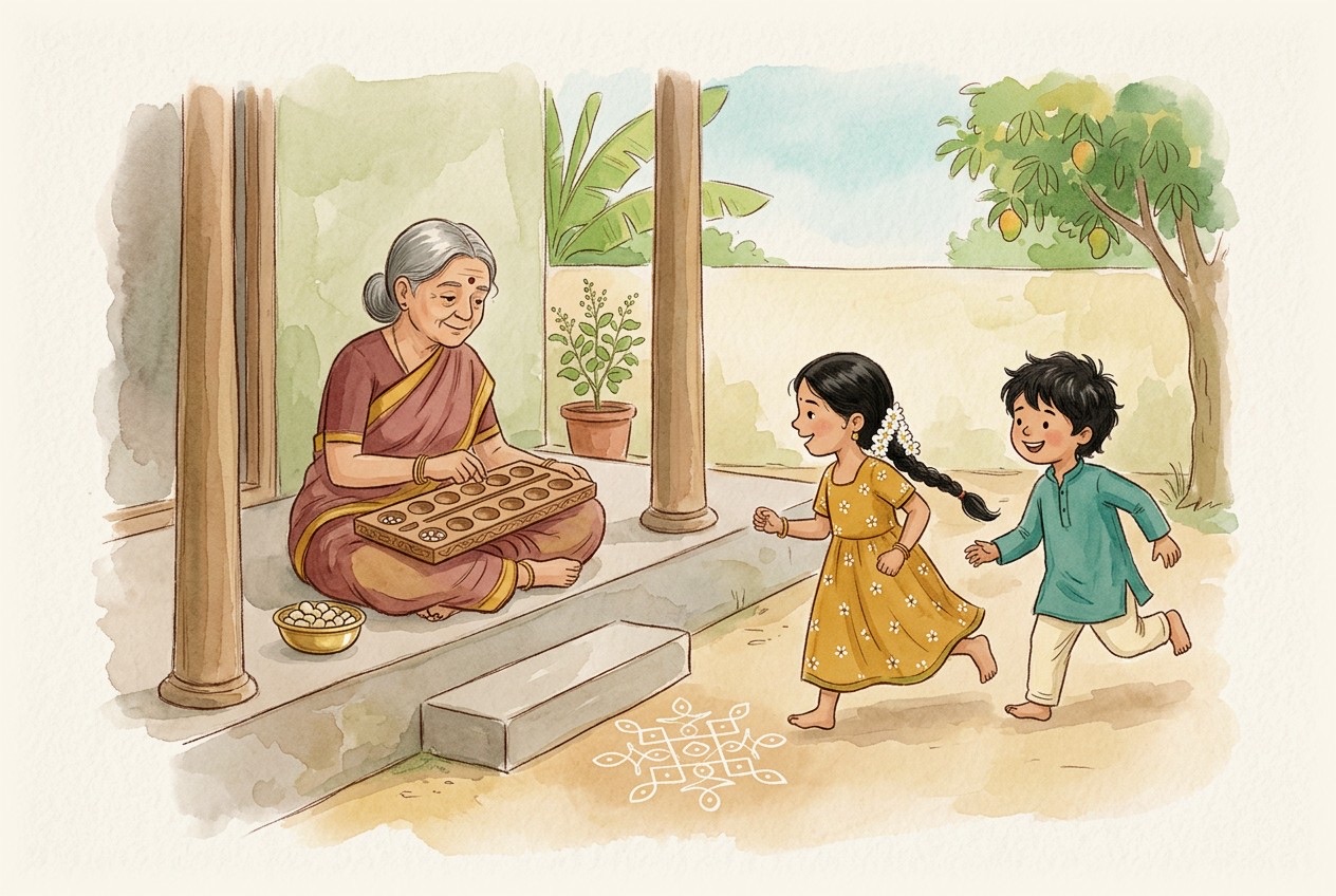 A grandmother on a veranda with a wooden pallankuzhi board as two children run towards her