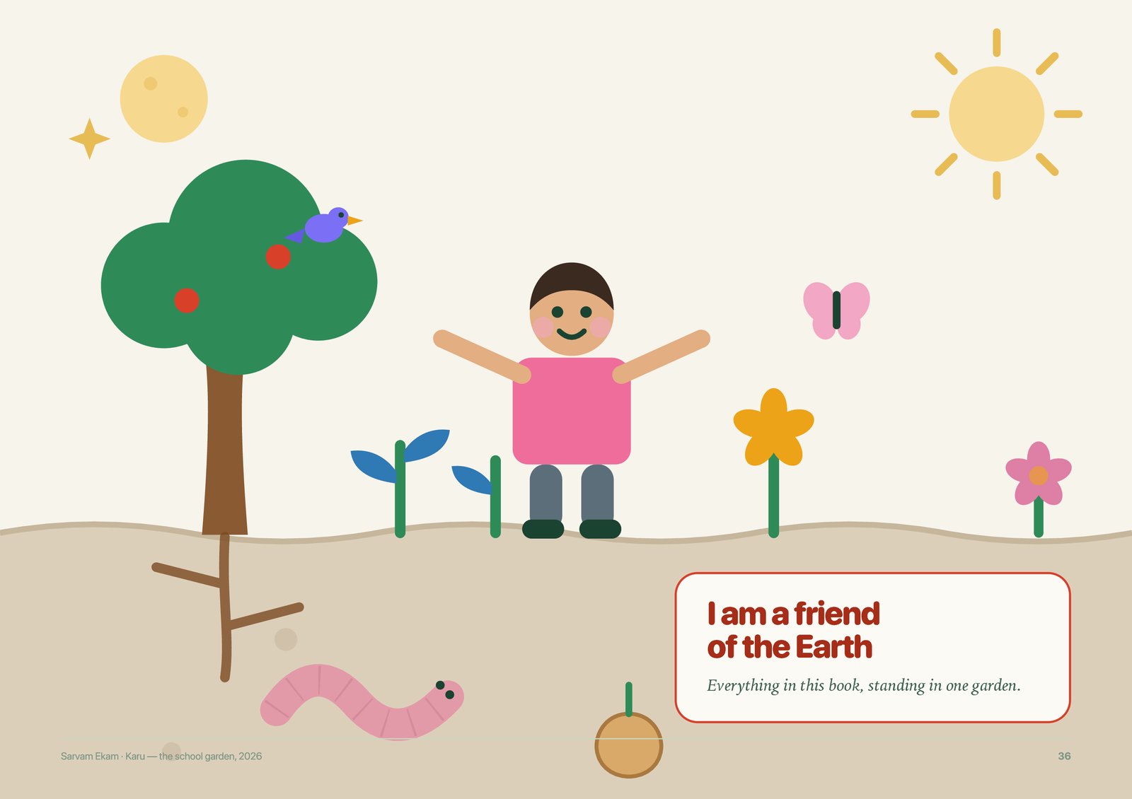 Illustration of a child with arms wide beside a fruit tree, seedlings and flowers, with a worm in the soil, from the Sowing Booklet 2026