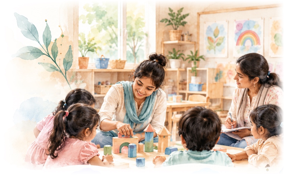 Watercolour of a kindergarten classroom where children build with wooden blocks while one teacher sits beside them writing observations in a notebook