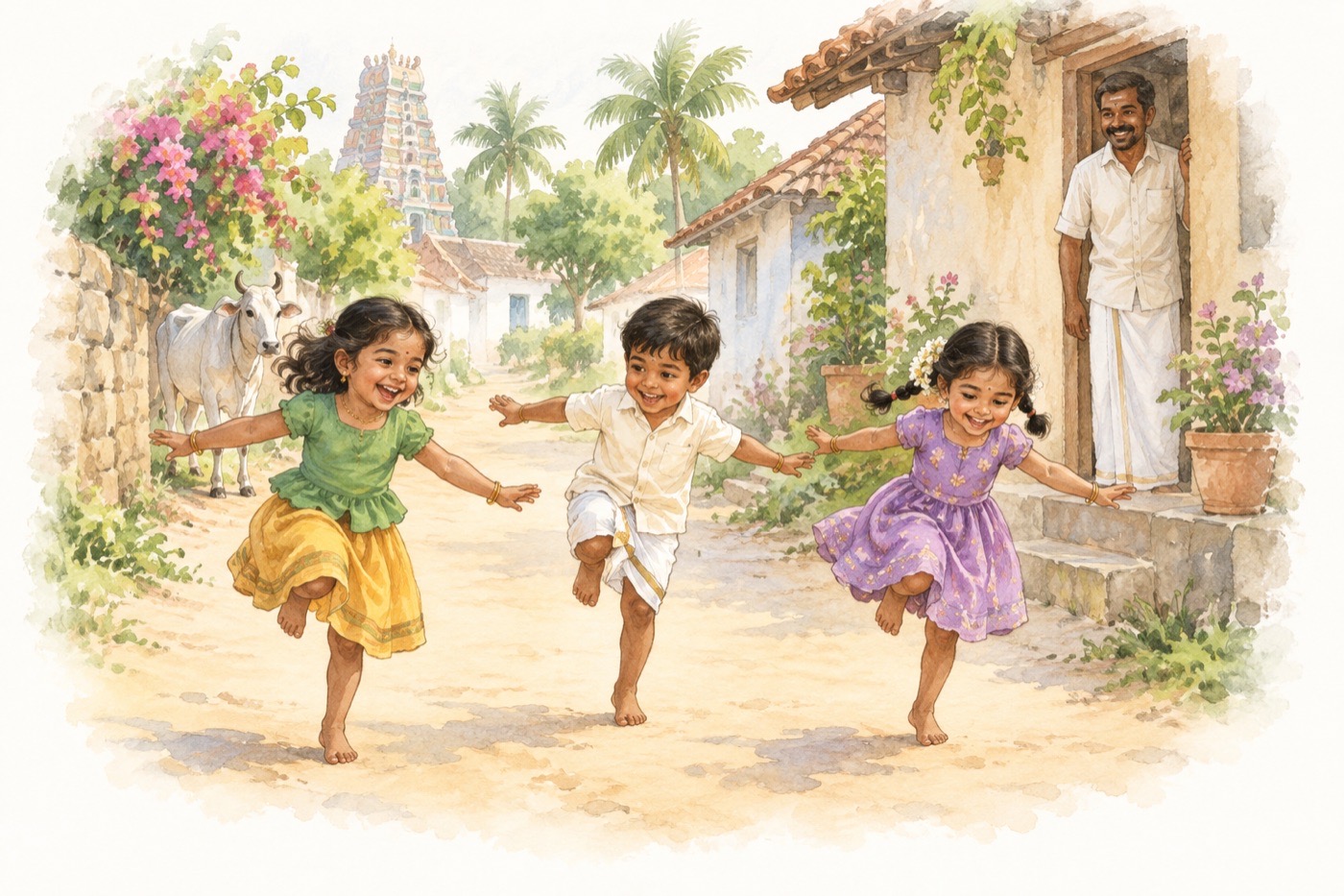 Three children hop on one leg along a village street in a watercolour painting, while a smiling father watches from his doorway