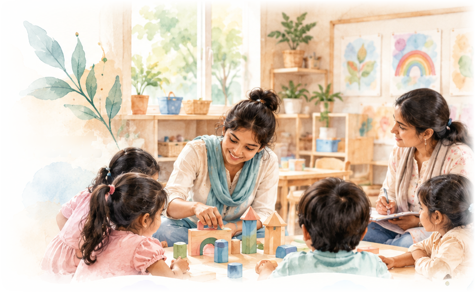 Watercolour of a teacher sitting on the floor building wooden blocks with young children while a colleague observes and takes notes